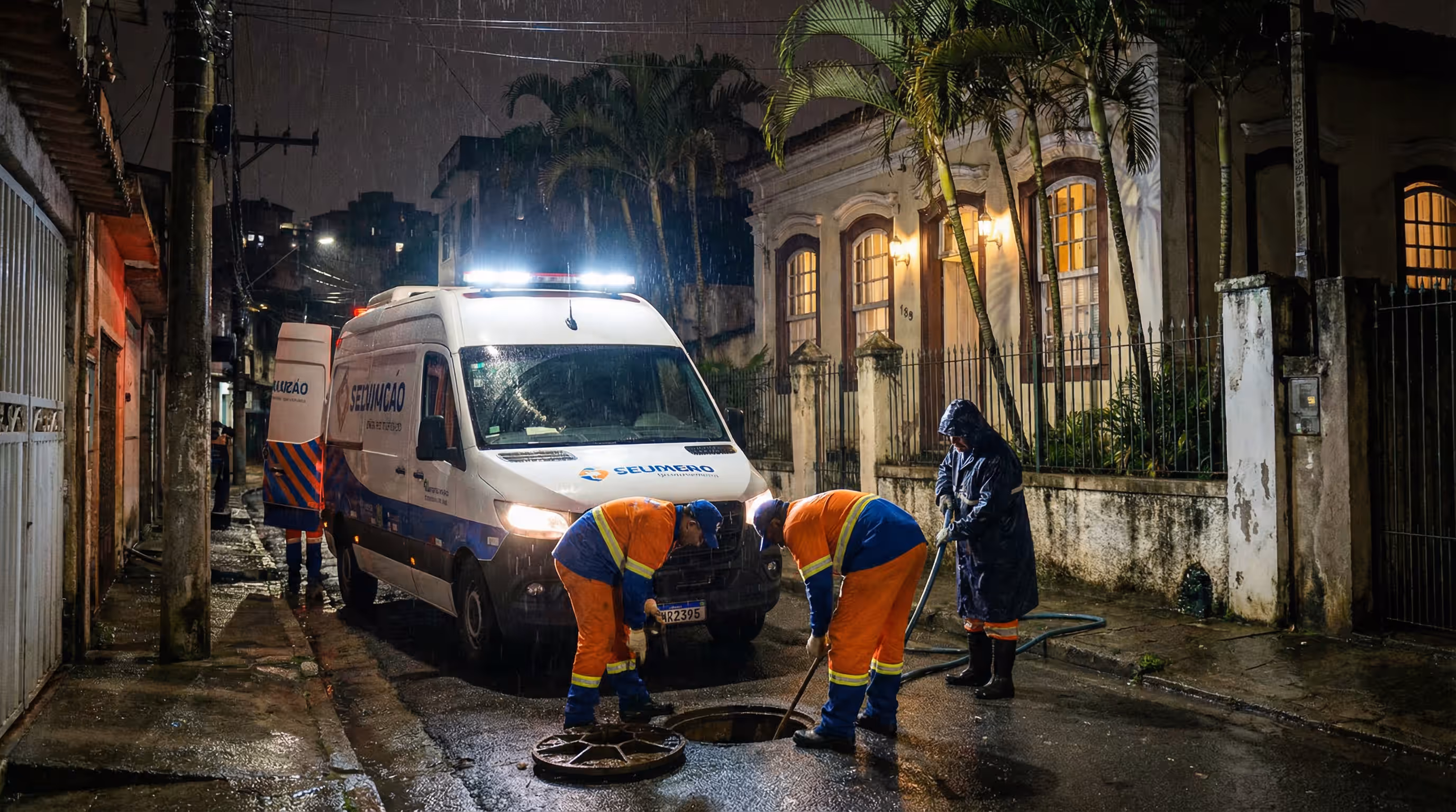 Técnico realizando desentupimento emergencial à noite