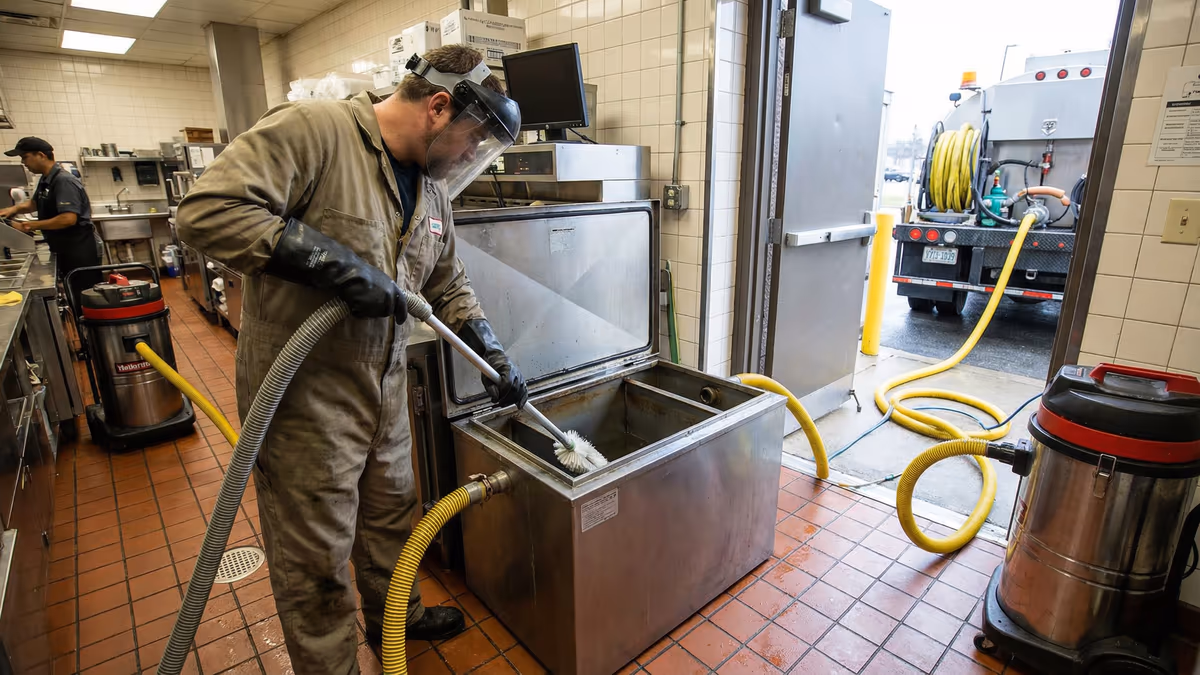 Caixa de gordura de restaurante sendo limpa