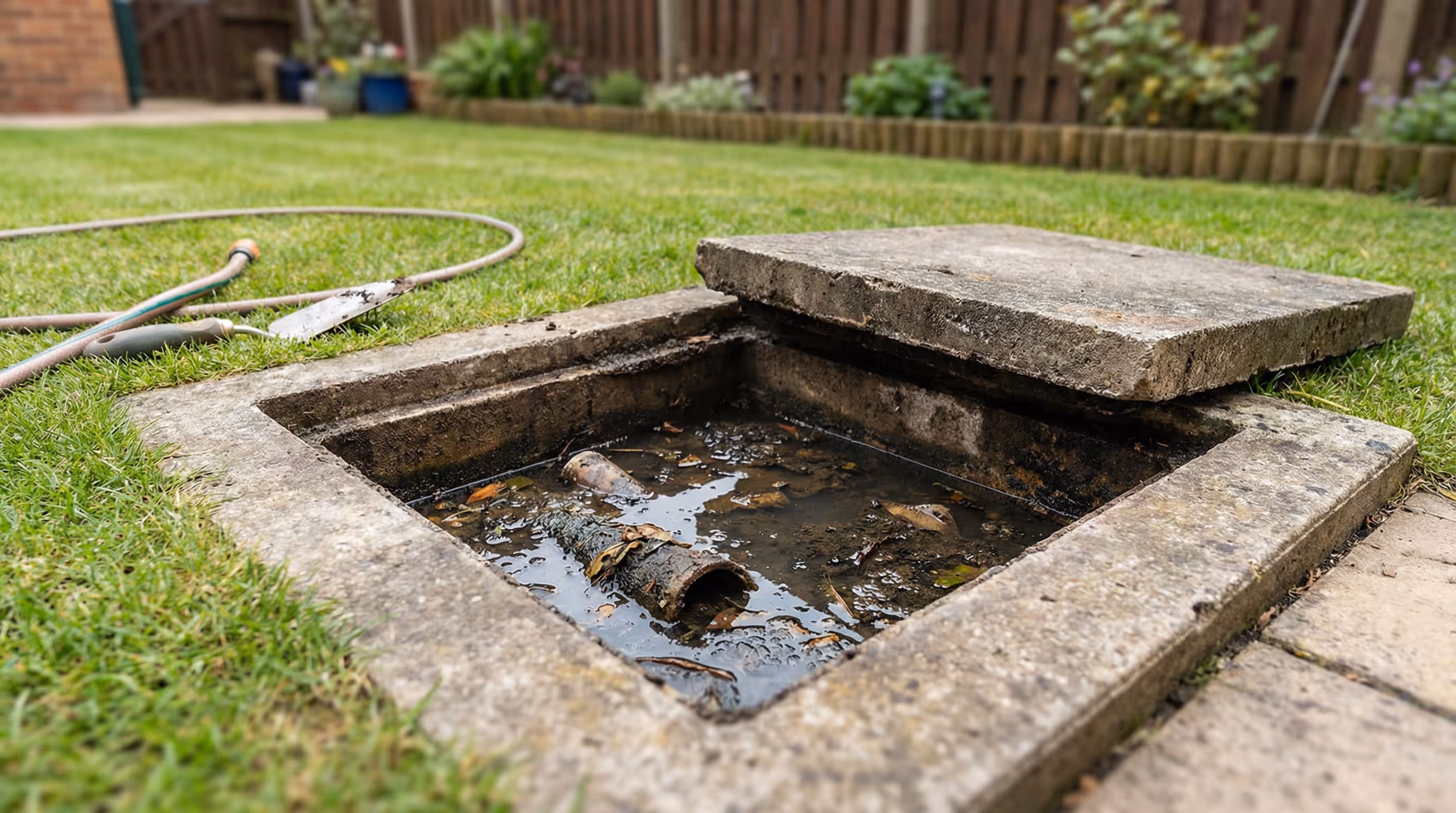 Caixa de inspeção de esgoto entupida