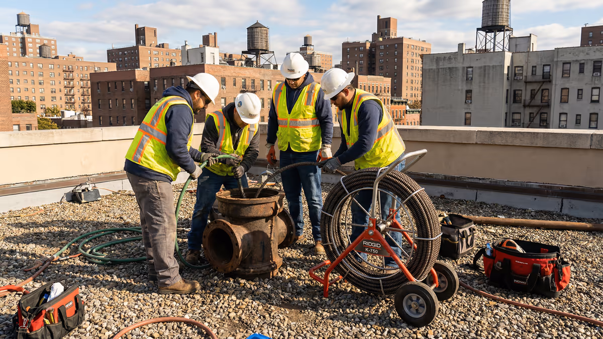 Equipe realizando desentupimento de coluna predial
