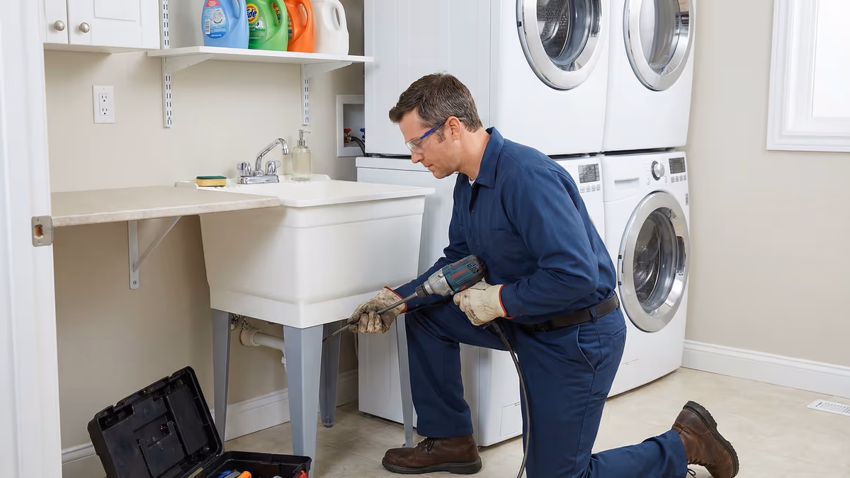 Pessoa desentupindo tanque de lavar roupa