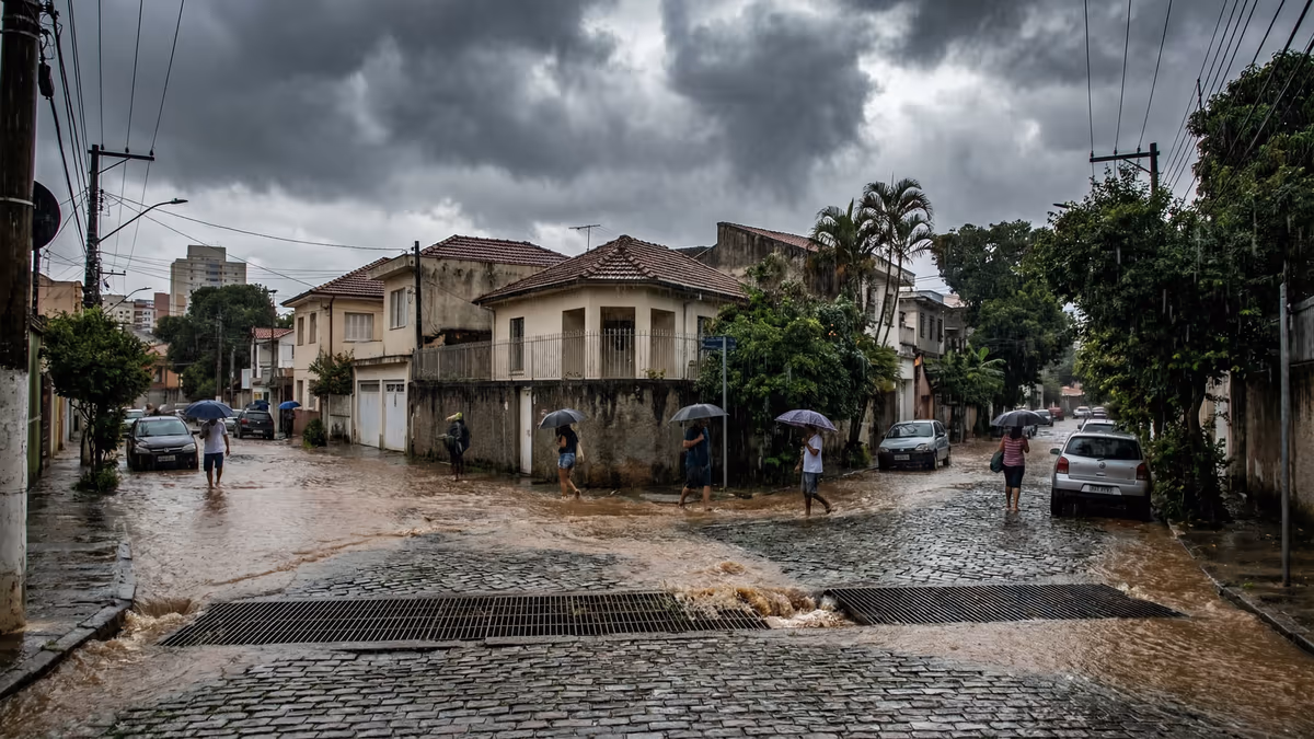 Rua alagada com bueiro entupido durante chuva forte