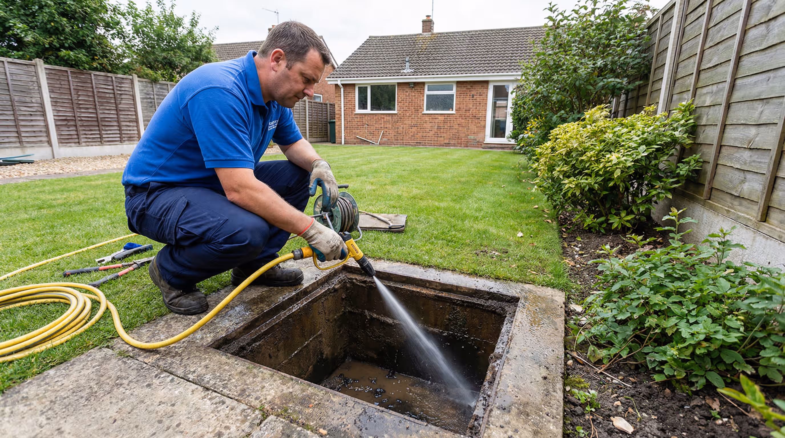 Profissional realizando limpeza de caixa de inspeção