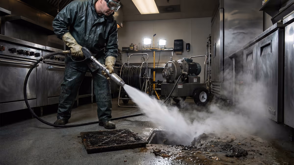 Profissional realizando limpeza de gordura em encanamento