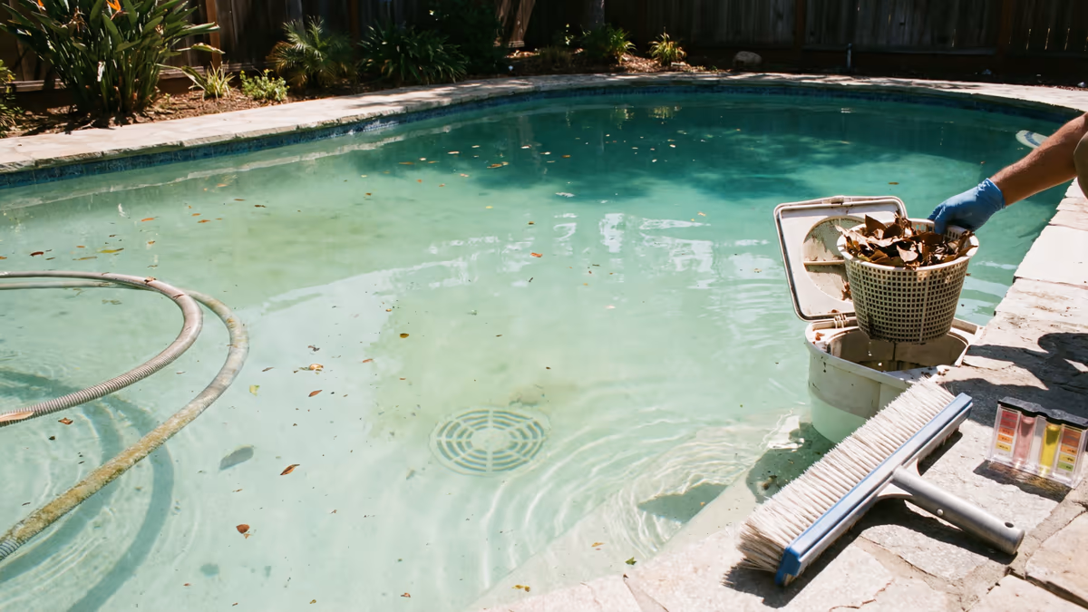 Piscina com ralo entupido e água suja
