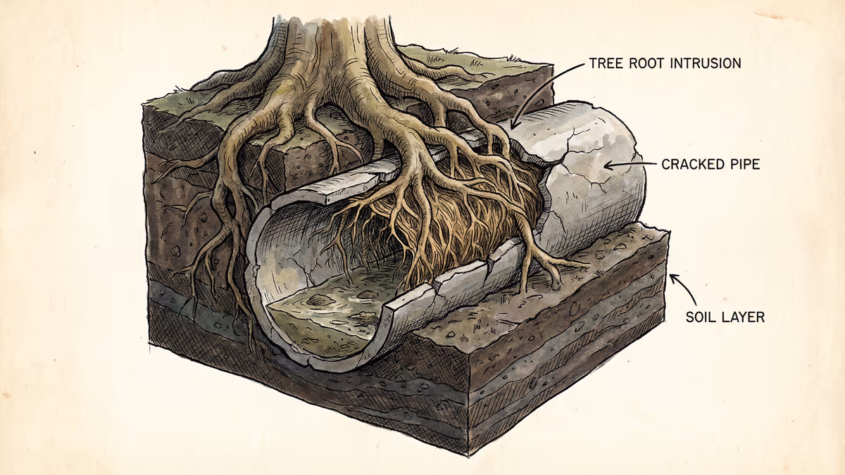 Raízes de árvore invadindo tubulação de esgoto