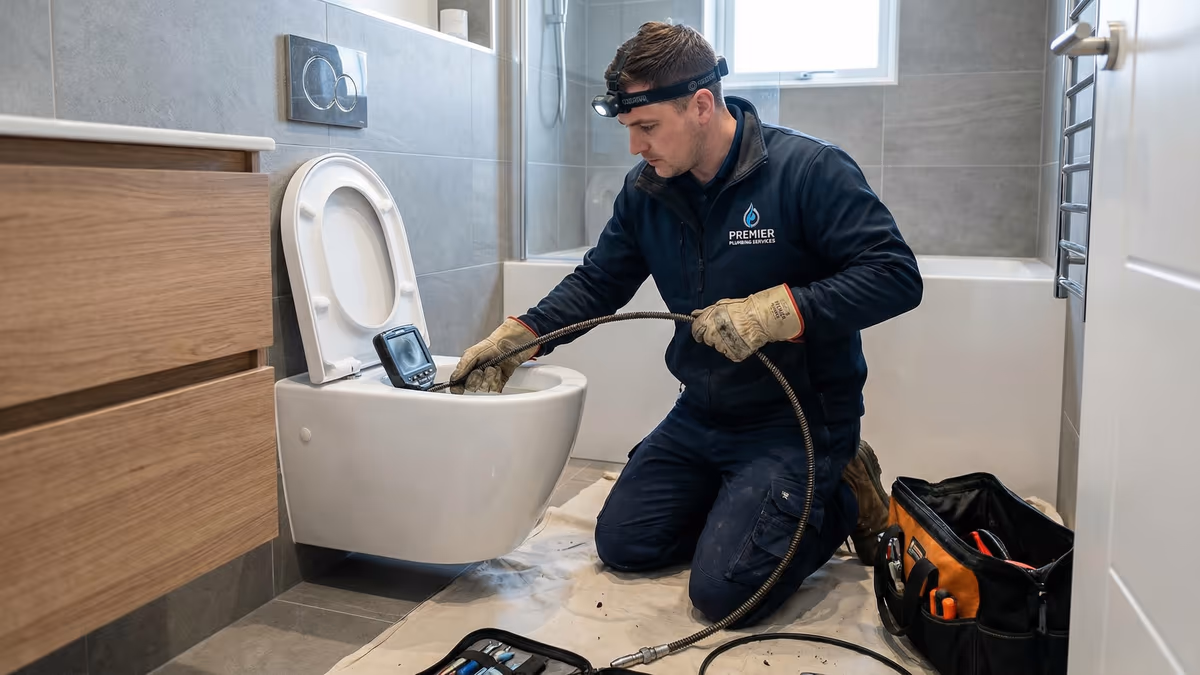 Profissional removendo objeto do vaso sanitário