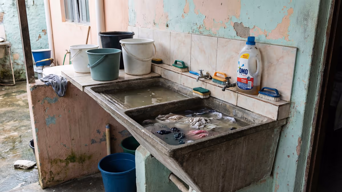 Tanque de lavar roupa com água acumulada por entupimento