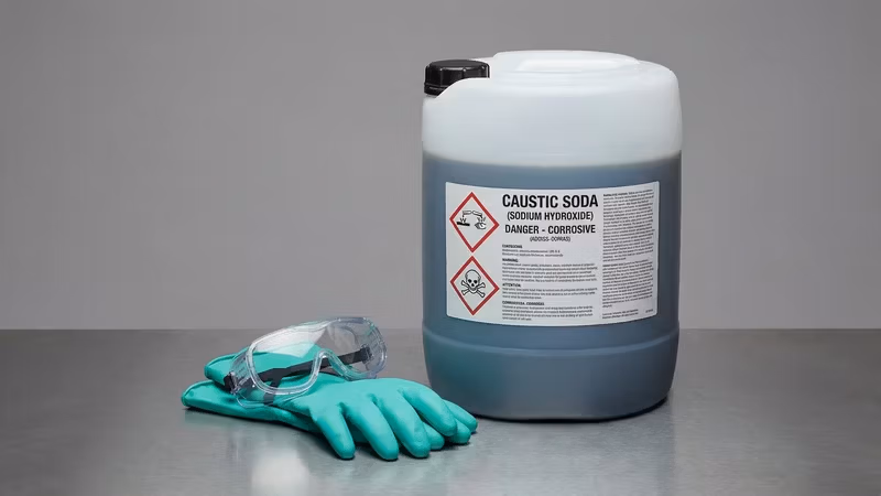Embalagem de soda cáustica com equipamentos de segurança