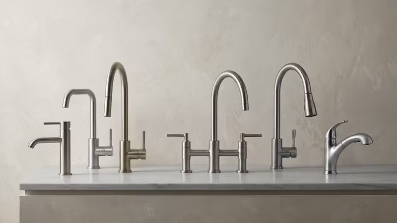 Diversos modelos de torneiras de cozinha modernas em aço inox