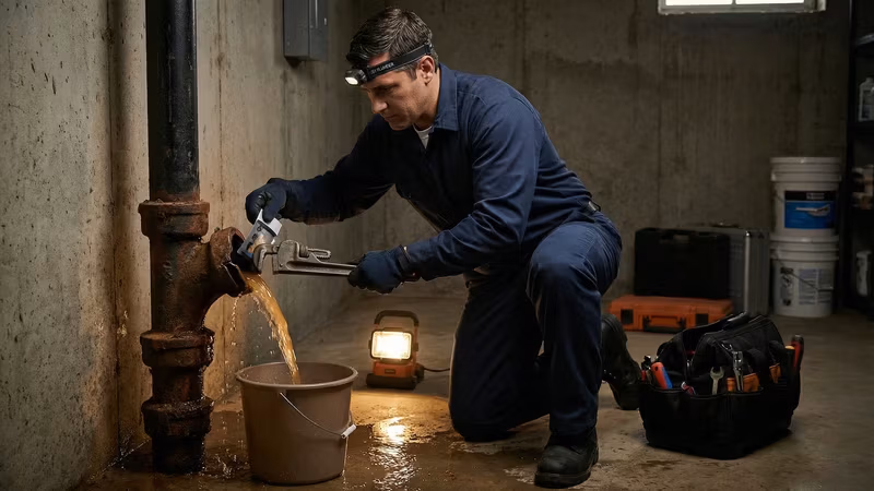 Encanador consertando vazamento de esgoto em tubulação