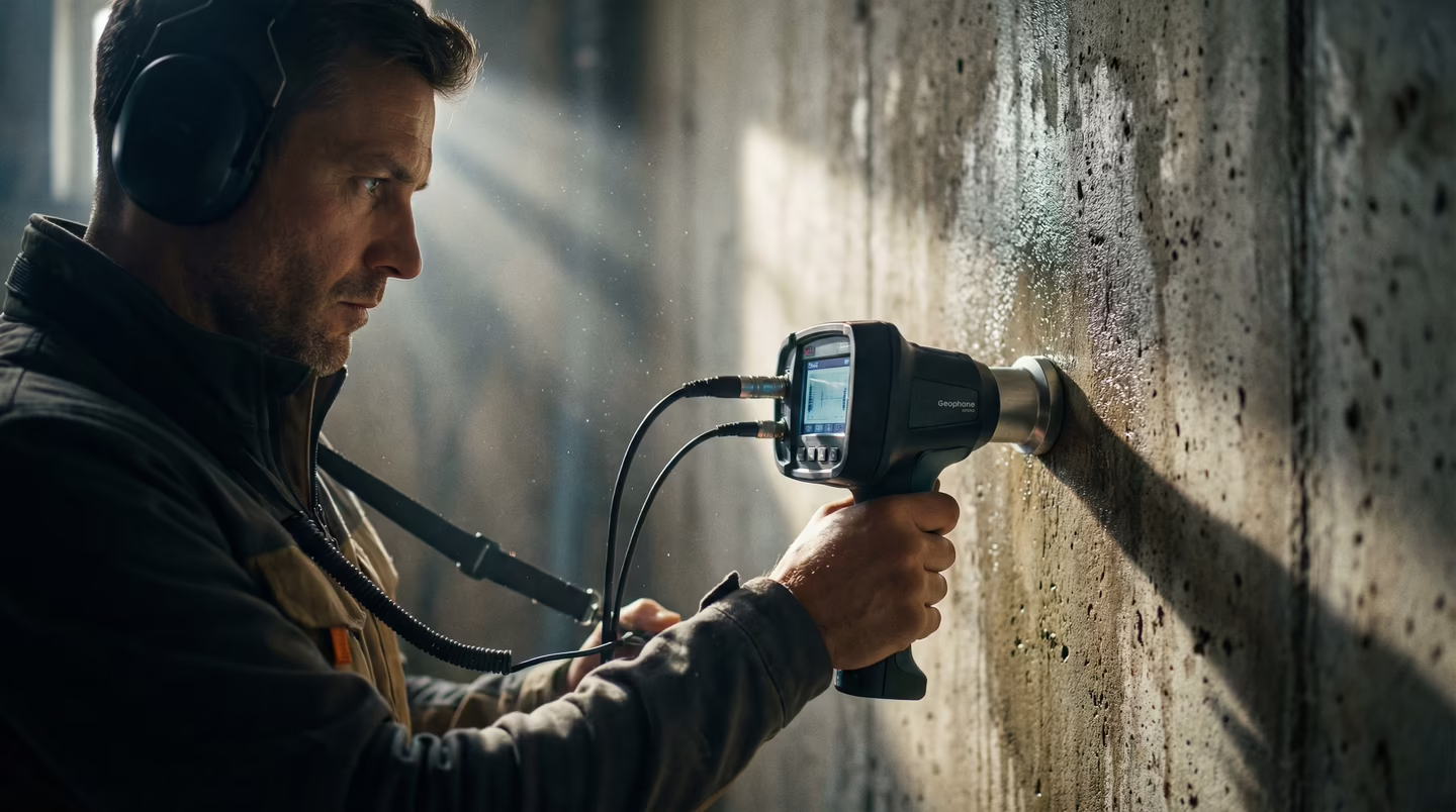 Técnico usando geofone para detectar vazamento