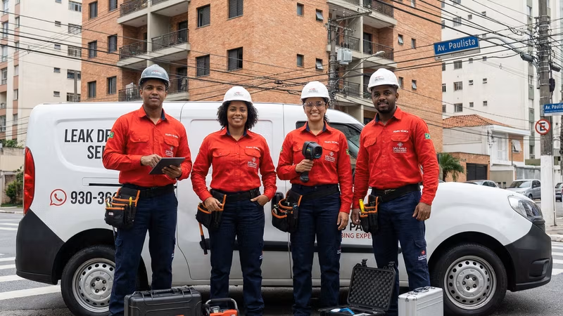 Equipe de técnicos especializados em caça vazamento uniformizados em frente à van de serviço em São Paulo