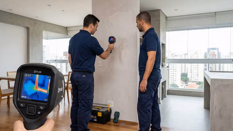 Câmera termográfica identificando vazamento oculto em parede através de variação de temperatura