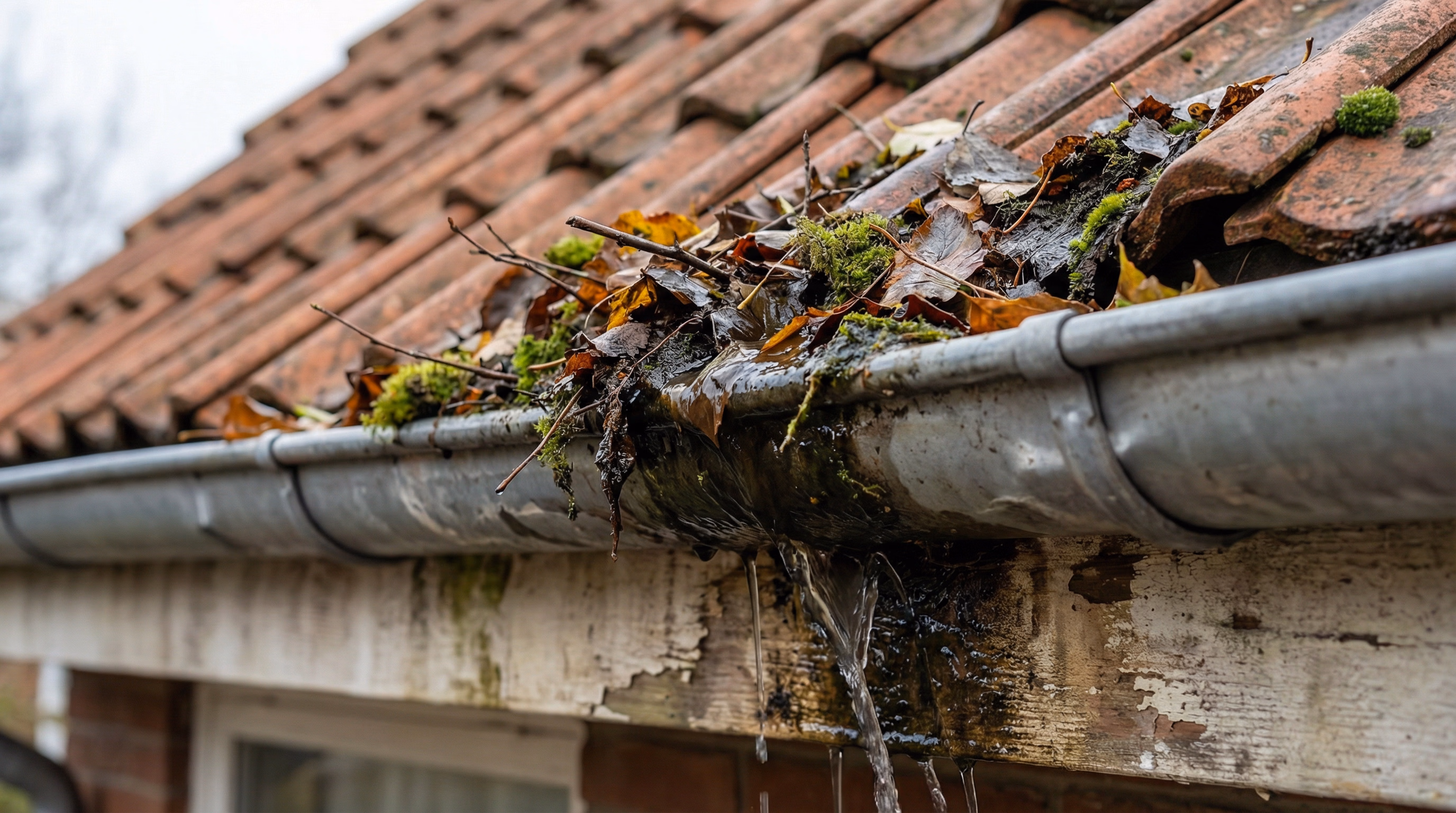Calha de telhado entupida com folhas, galhos e detritos causando transbordamento de água