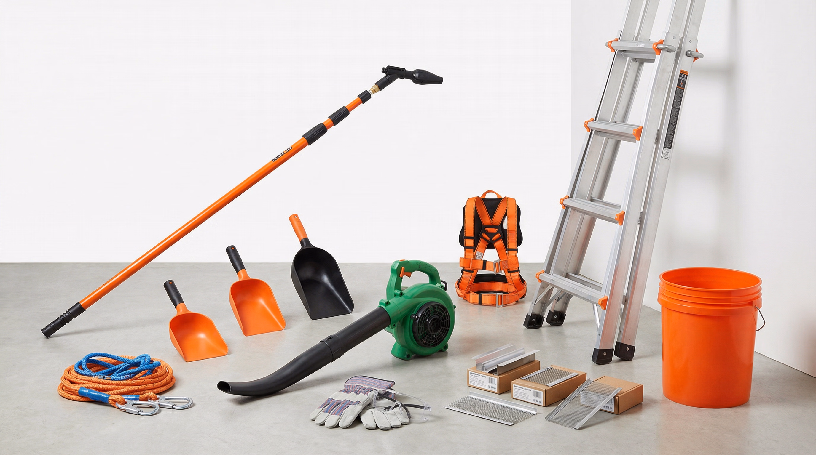 Equipamentos profissionais para limpeza de calha: escada, soprador, ferramentas e EPIs