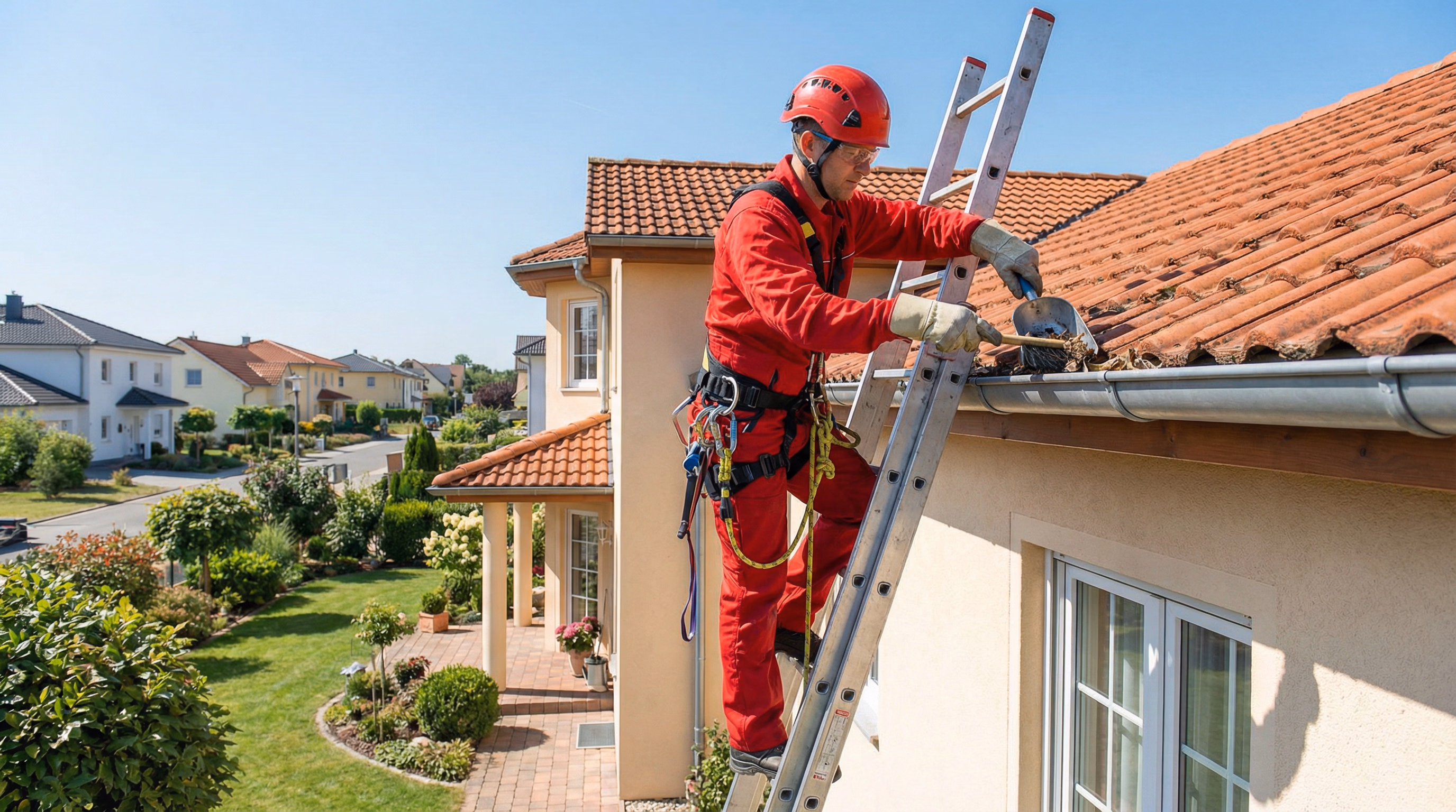Técnico profissional realizando limpeza de calha em telhado residencial em São Paulo