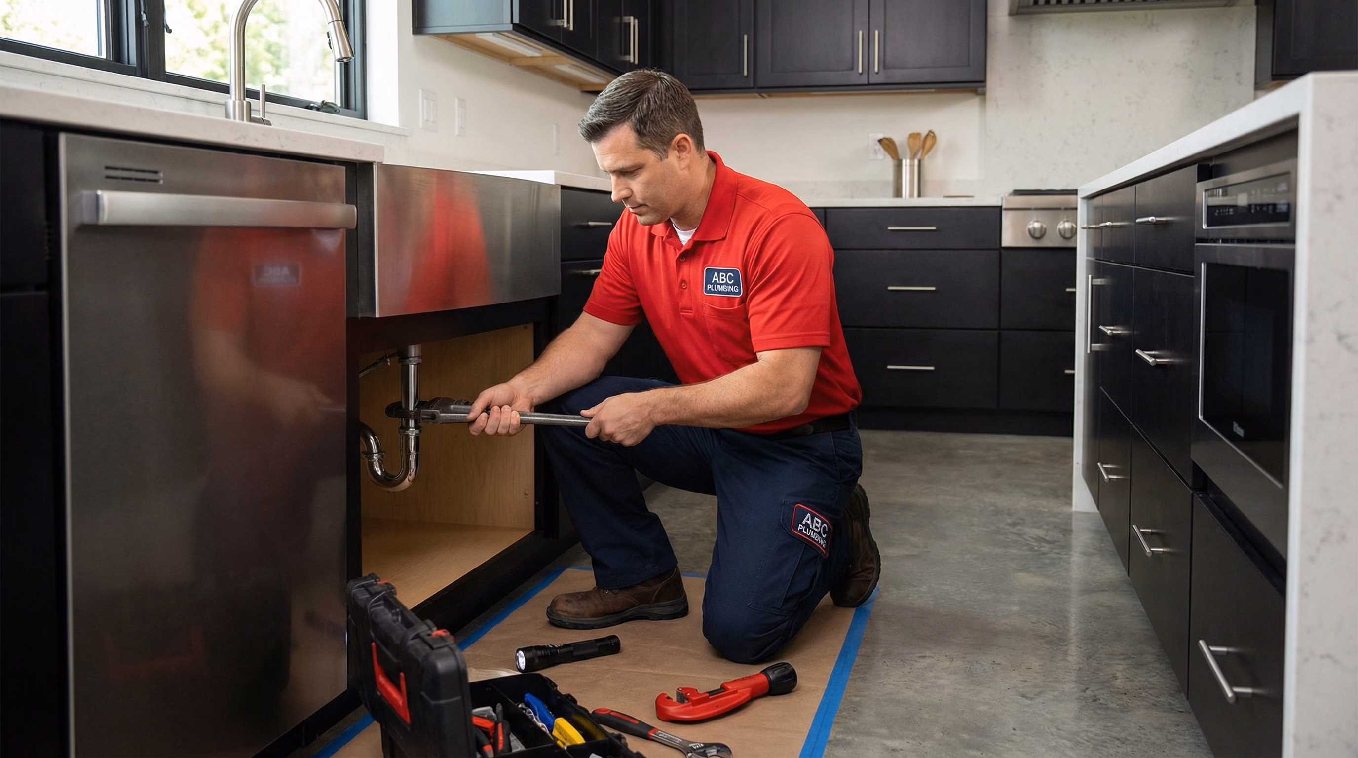 Técnico desentupindo canos