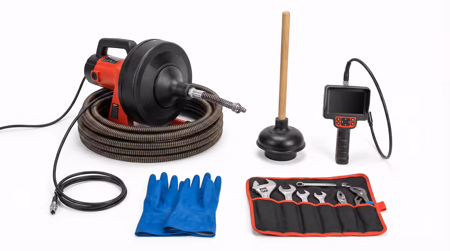 Equipamentos profissionais para desentupimento de vaso sanitário: máquina rotativa, desentupidor, câmera de inspeção