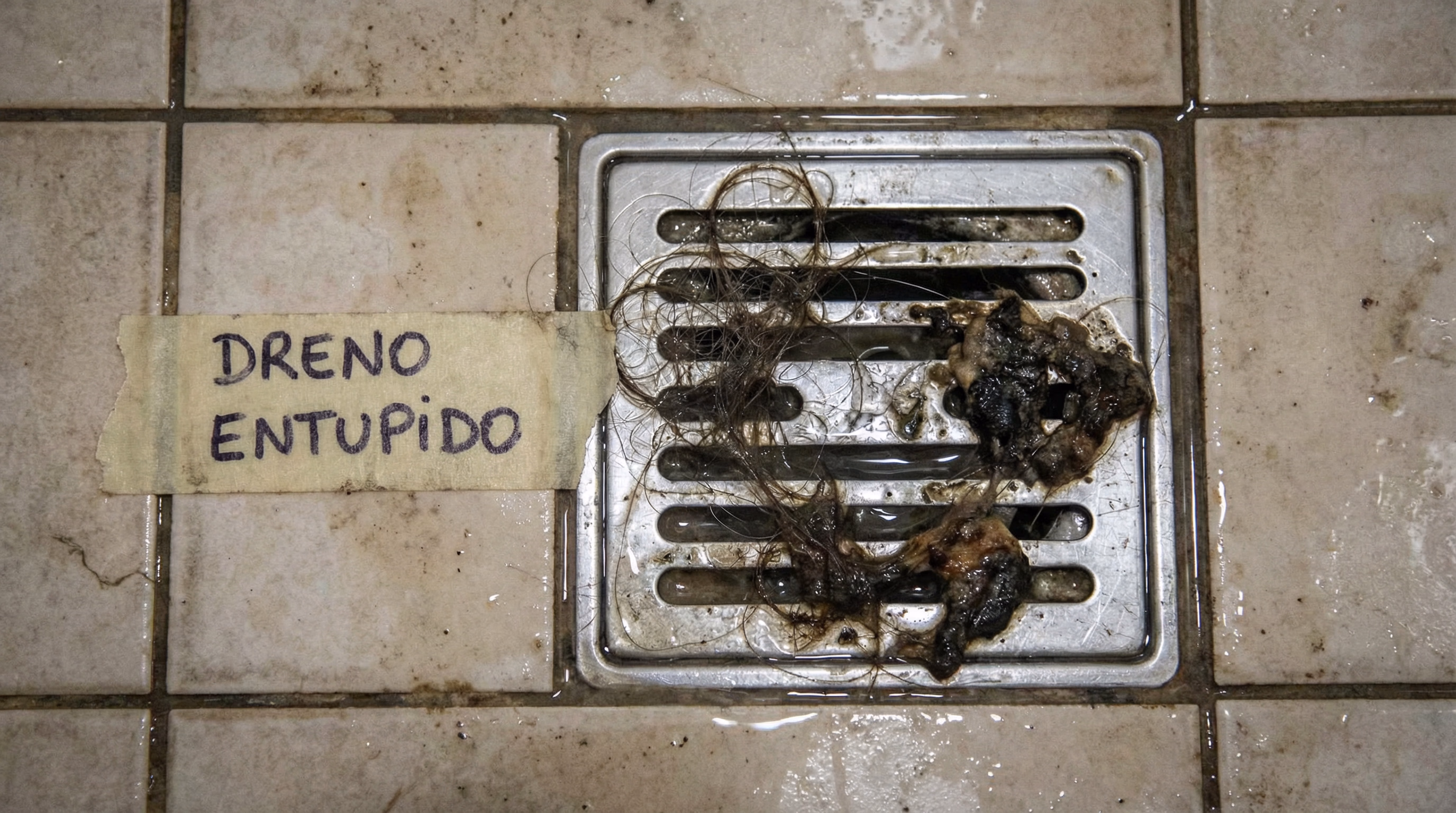 Dreno de banheiro entupido com cabelos e resíduos