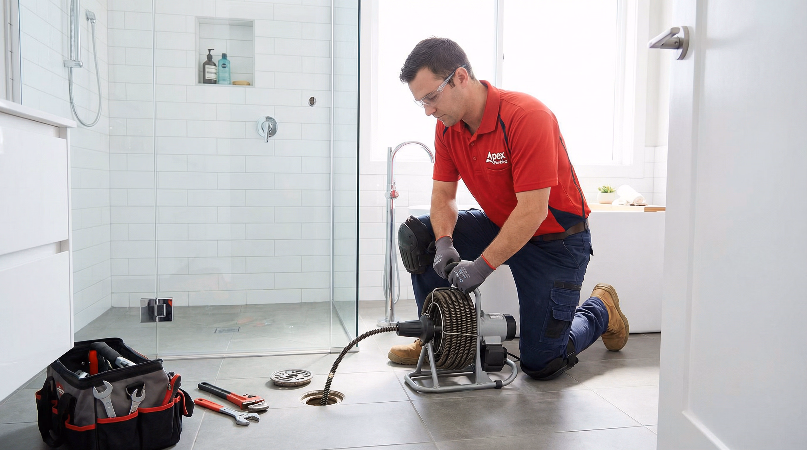 Técnico desentupindo dreno de banheiro