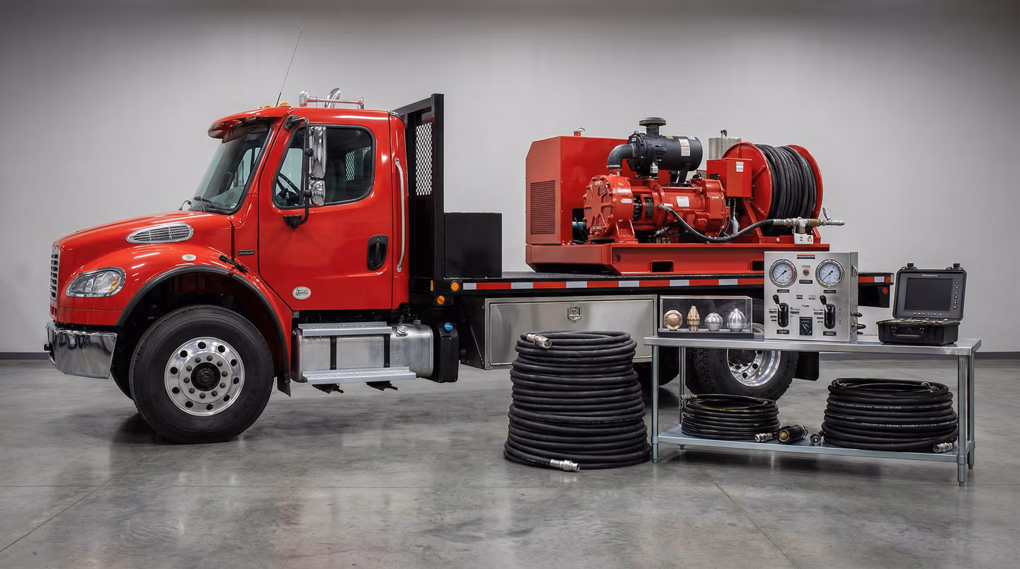 Caminhão de hidrojateamento com equipamentos profissionais de alta pressão