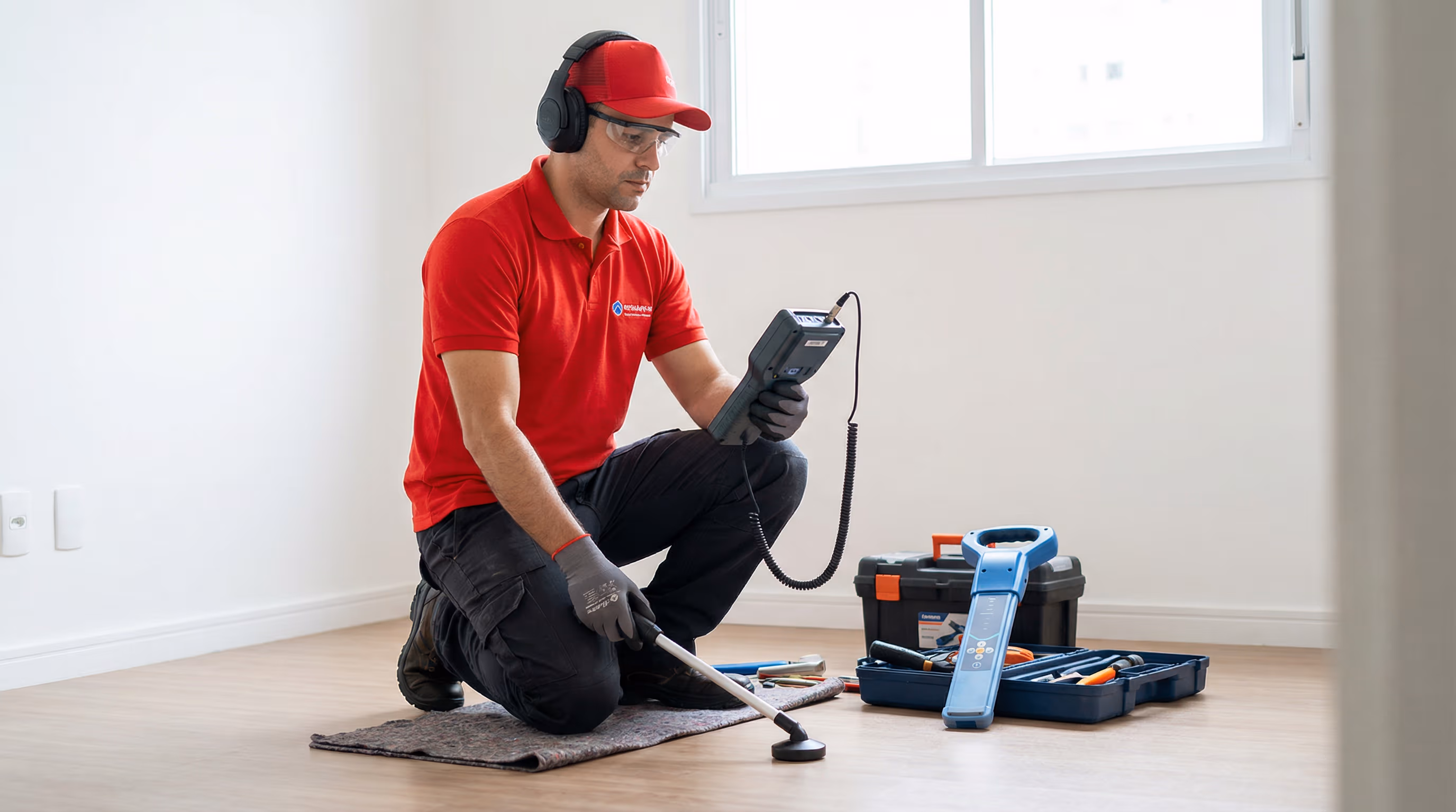 Técnico de caça vazamento com uniforme vermelho usando geofone no Moema